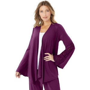 Roaman's Women's Plus Size Lace Trimmed Ultrasmooth Fabric Cardigan - 1 of 3