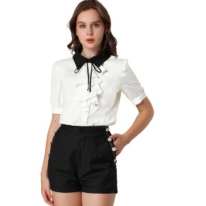 Allegra K Women's Contrast Collar Tie Ruffle Front Button Short Sleeve Work Shirt - 1 of 4