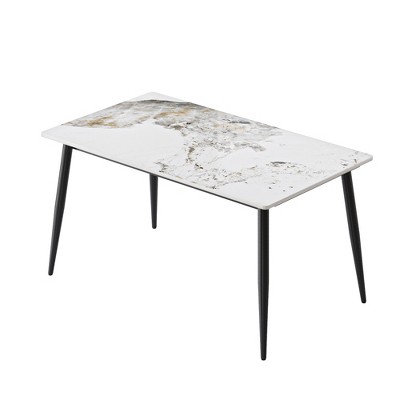 Vynxaria 55.12" Modern Artificial Stone White Pandora Straight Edge Black Metal Leg Dining Table-Can Accommodate 6 People(Dining Table Only)