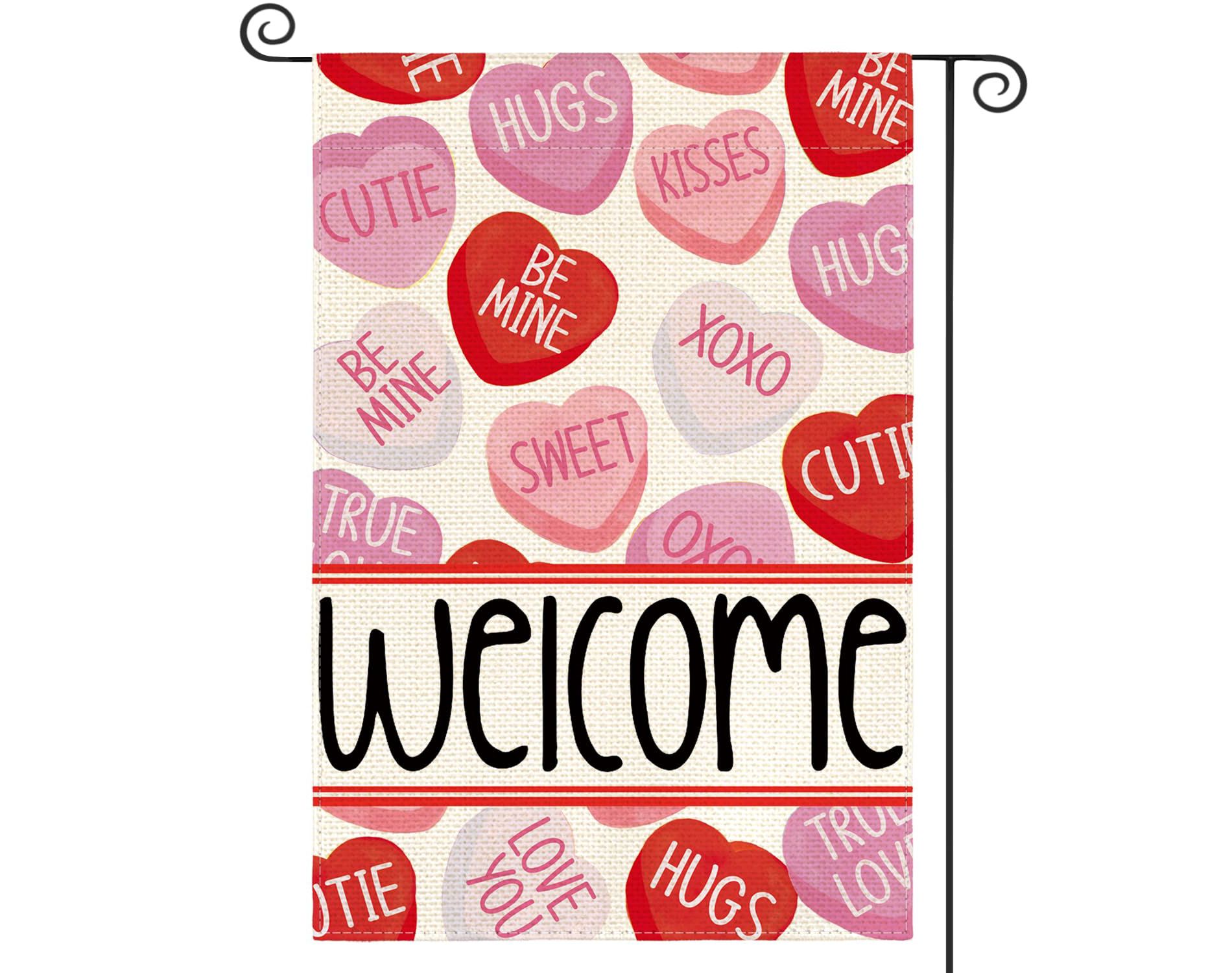Valentines Day Garden Flag 12x18 Inch 1 Sided Outside, Welcome Candy Love Hearts Anniversary