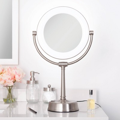 Lexington Satin Nickel Dual-Sided LED Lighted Vanity Mirror with Adjustable Stand