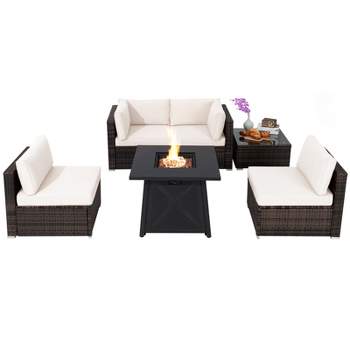 Tangkula 6-Piece Patio Furniture Set w/ 30" Propane Fire Pit Table Outdoor PE Wicker Conversation Set w/ Cushions &Tempered Glass Coffee Table