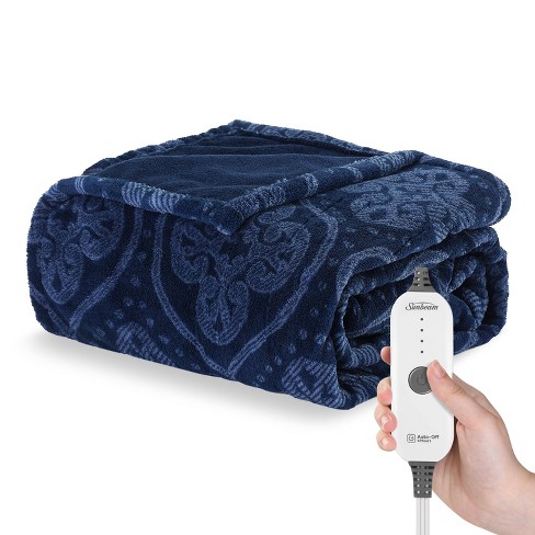 Sunbeam 50 X 60 Nordic Premium Heated Throw Foot Pocket Electric Blanket Navy Folk Foliage Cozy Fleece Machine Washable Target