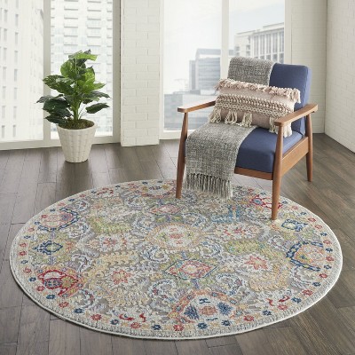 Global Vintage Easy Care 6' Round Grey Synthetic Area Rug