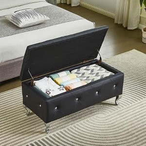 Storage Ottoman Bench,  with Tufted Seating and Metal Legs, Storage Bench for Bedroom in Leather, Ottoman Bench for Living Room,Bedrooom, Black - 1 of 4