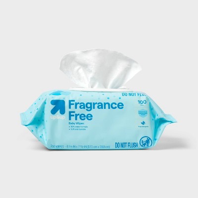 A pack of fragrance-free baby wipes with one wipe partially pulled out, featuring text about being 99% water formula, soft and durable, and hypoallergenic.