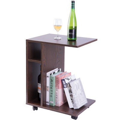 Basicwise Modern Sofa Side Table with Shelves and Casters, Brown