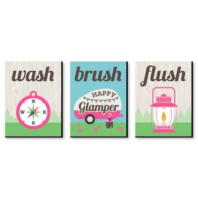 Big Dot of Happiness Let's Go Glamping - Kids Bathroom Rules Wall Art - 7.5 x 10 inches - Set of 3 Signs - Wash, Brush, Flush