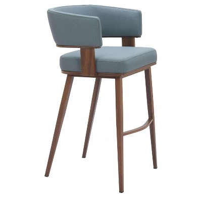 Barstool – 38.6" H Azure Gray Fabric Seat with Walnut Faux Wood Steel Frame by Zuo Modern