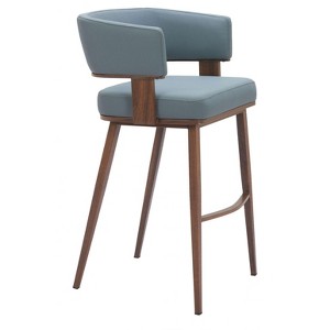 Barstool – 38.6" H Azure Gray Fabric Seat with Walnut Faux Wood Steel Frame by Zuo Modern - 1 of 4