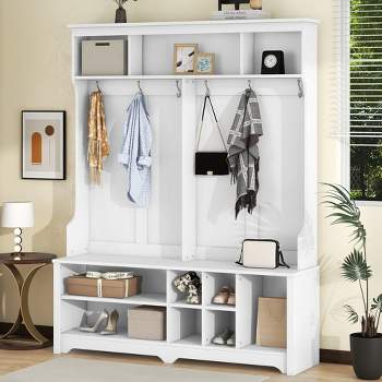 4 in 1 Hall Tree with Shoe Cubbies, Multi-functional Coat Rack with 6 Metal Hooks & Storage Space 4M - ModernLuxe