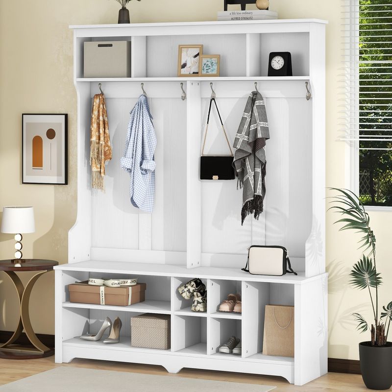 4 in 1 Hall Tree with Shoe Cubbies, Multi-functional Coat Rack with 6 Metal Hooks & Storage Space 4M - ModernLuxe, 1 of 13