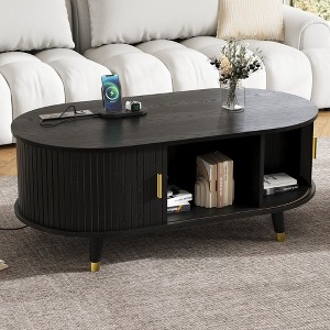 NicBex Modern Coffee Table with Storage,Oval Fluted with Sliding Door and Charging Station,Multi-Functional Center Table for Living Room - 1 of 4