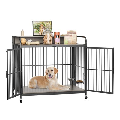 Dog Crate Furniture for Large Dogs - Heavy Duty Wooden Kennel with 2 Adjustable Bowls & Wheels