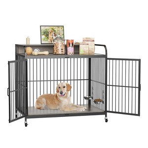 Dog Crate Furniture for Large Dogs - Heavy Duty Wooden Kennel with 2 Adjustable Bowls & Wheels - 1 of 4
