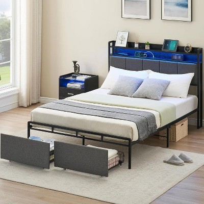 Homhougo Queen Bed Frame with Storage Headboard Led Lights Charging Station, Upholstered Queen Platform Bed Frames with 2 Drawers, Brown