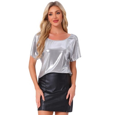 Allegra K Women's Metallic Off Shoulder Short Sleeve Boat Neck Blouse