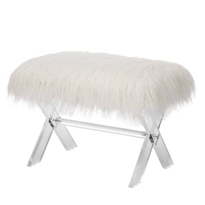 26" Faux Fur Upholstered Bench with Acrylic X Leg White - Glitzhome