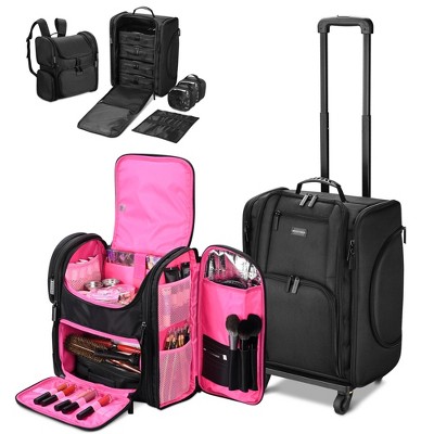 Byootique Rolling Makeup Train Case & Backpack Kit w/ 7 Toiletry Bags Artist
