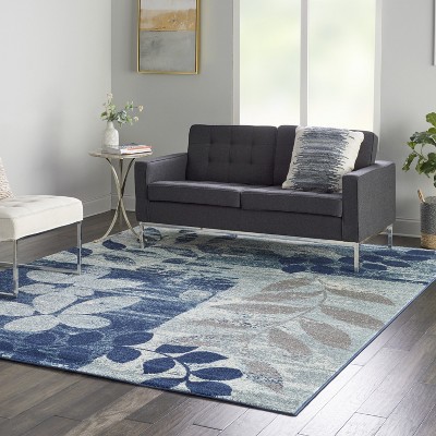 Navy and Light Blue Floral Synthetic Runner Rug