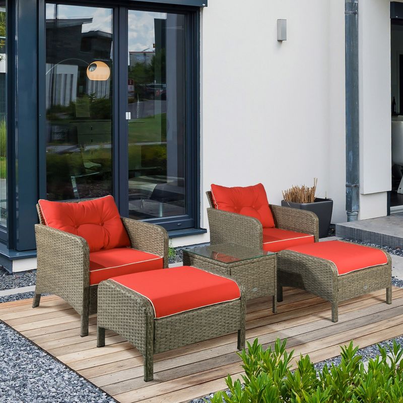 Outsunny 5 Pieces Rattan Wicker Lounge Chair Outdoor Patio Conversation Set with 2 Cushioned Chairs, 2 Ottomans & Glass Top Coffee Table, Red, 2 of 7