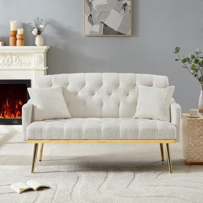 Upholstered Loveseat Couch With 2 Pillows Metal Legs Foam Couch Sleeper Sofa For Guest Room Office Living Room