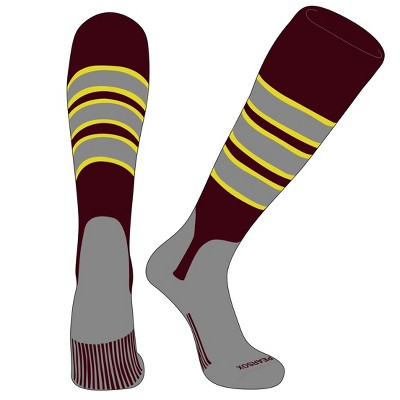 PEAR SOX OTC Baseball Softball Stirrup Socks (C, 5in) Maroon, Bright Yellow, Silver, Silver