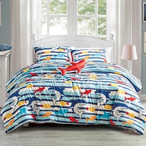 Home Mart Goods Queen Size Blue Sharks Fish Sea Life Kids Comforter Set Embroidery Soft Bedding Set - 1 of 4