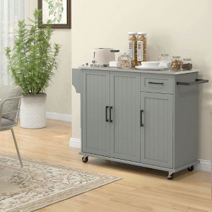 Resenkos Mobile Kitchen Island on Wheels with Stainless Top and 3 Storage Cabinets, Gray - 1 of 4
