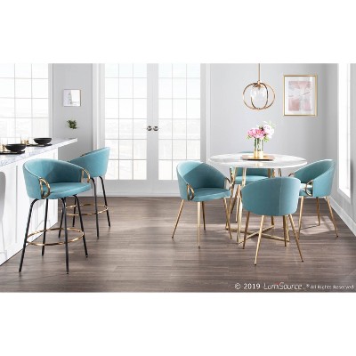 Claire Light Blue Velvet Swivel Counter Stools with Gold Accents