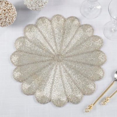 Silver Flower Design Beaded Fabric Placemats, Set of 4