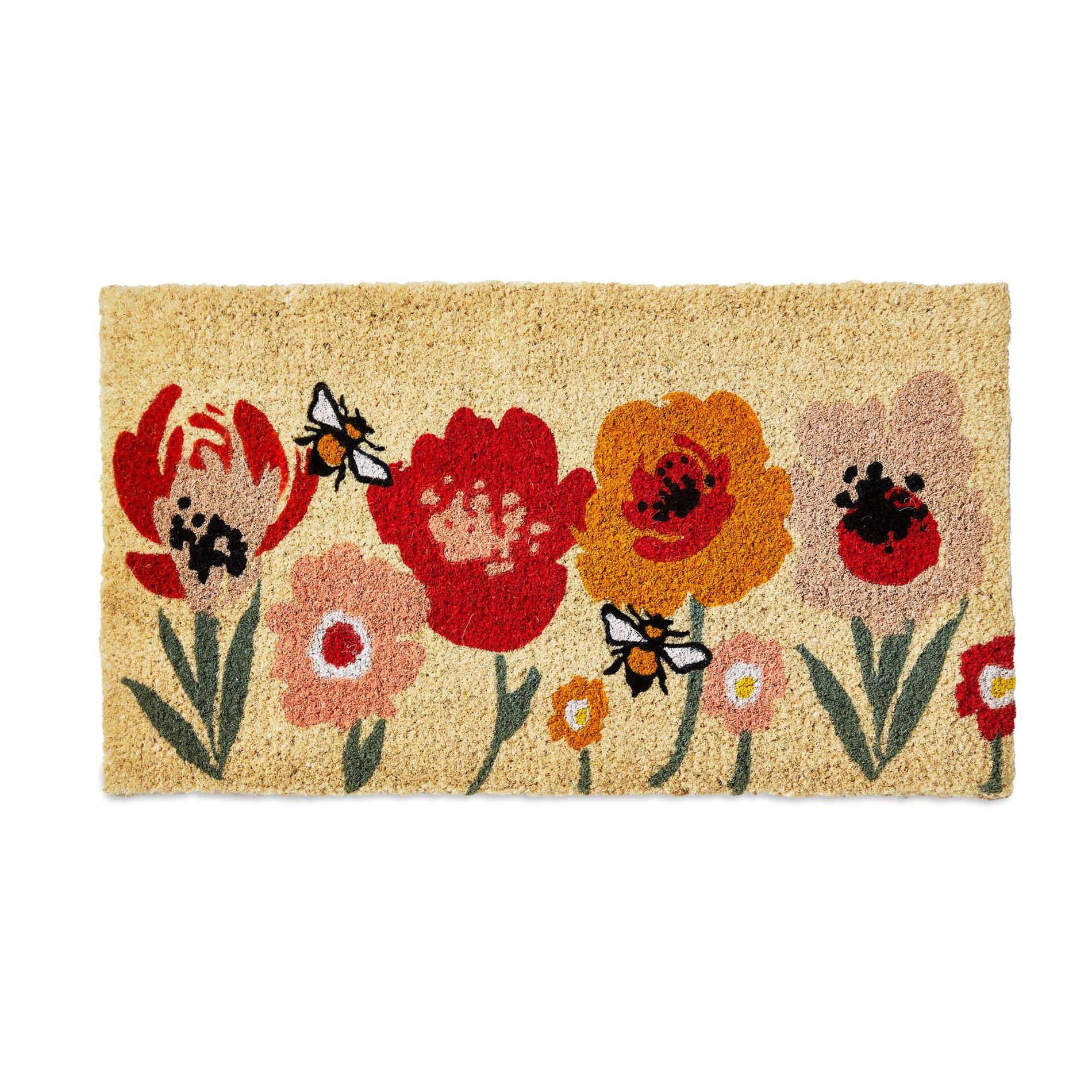 tag Bee Blossom Floral Coir Door Mat - Multicolor Everyday Floor Mat, 1" H x 30" L x 17" W, Easy to Clean