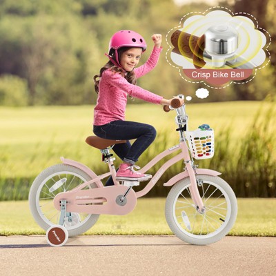 Infans 16 Inch Toddler Bikes w/Training Wheels, Handbrake & Coaster Brake, Fully Enclosed Chain, Adjustable Handlebar & Seat, w/Basket, Pink