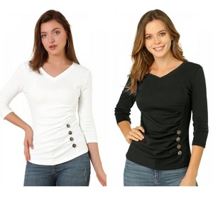 INSPIRE CHIC Women's V Neck 3/4 Sleeves Solid Knitted Buttons Decor Ruched Blouse 2 Packs - 1 of 4