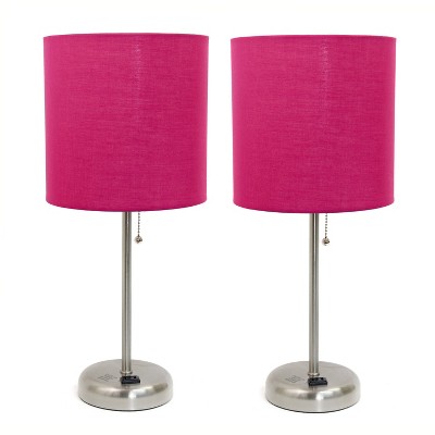 Simple Designs 2pk Sleek Slender Brushed Steel Table Lamp Pink Shade