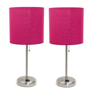 Simple Designs 2pk Sleek Slender Brushed Steel Table Lamp Pink Shade - 1 of 4