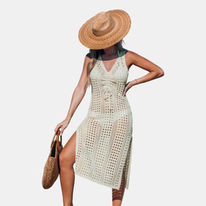 Women's Khaki Elegant Crochet Sleeveless Cover-up Dress with Side Slit - Cupshe - 1 of 4