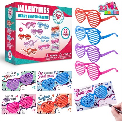 Joyfy 32 Pack Valentines Day Heart Shaped Glasses with Gift Card, Valentines Day Accessories for Valentine's Party Favor, Kids Classroom Exchange Gift