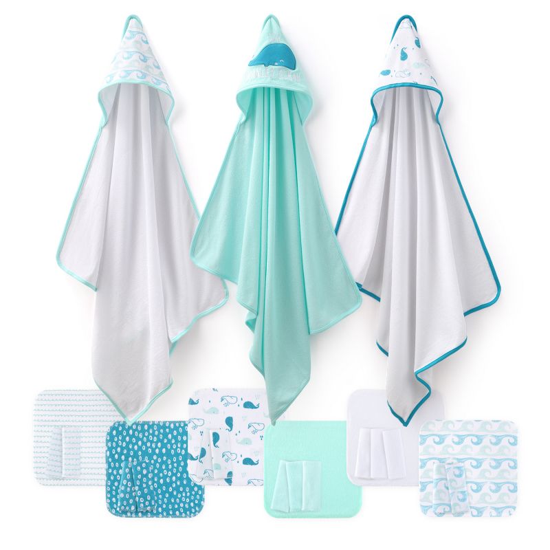 The Peanutshell Nautical Whale Tail 23-Piece Baby Bath Towel Set in Aqua/Teal/White, 1 of 8