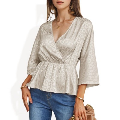 Anna-Kaci Women's Satin Wrap Peplum Top with Leopard Jacquard
