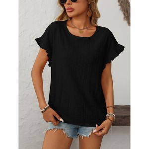 Women's Round Neck Sweet Short Sleeve T-Shirt with Hollow-Out Detail & Ruffled Sleeves, Cute Casual Blouse for Summer - 1 of 4