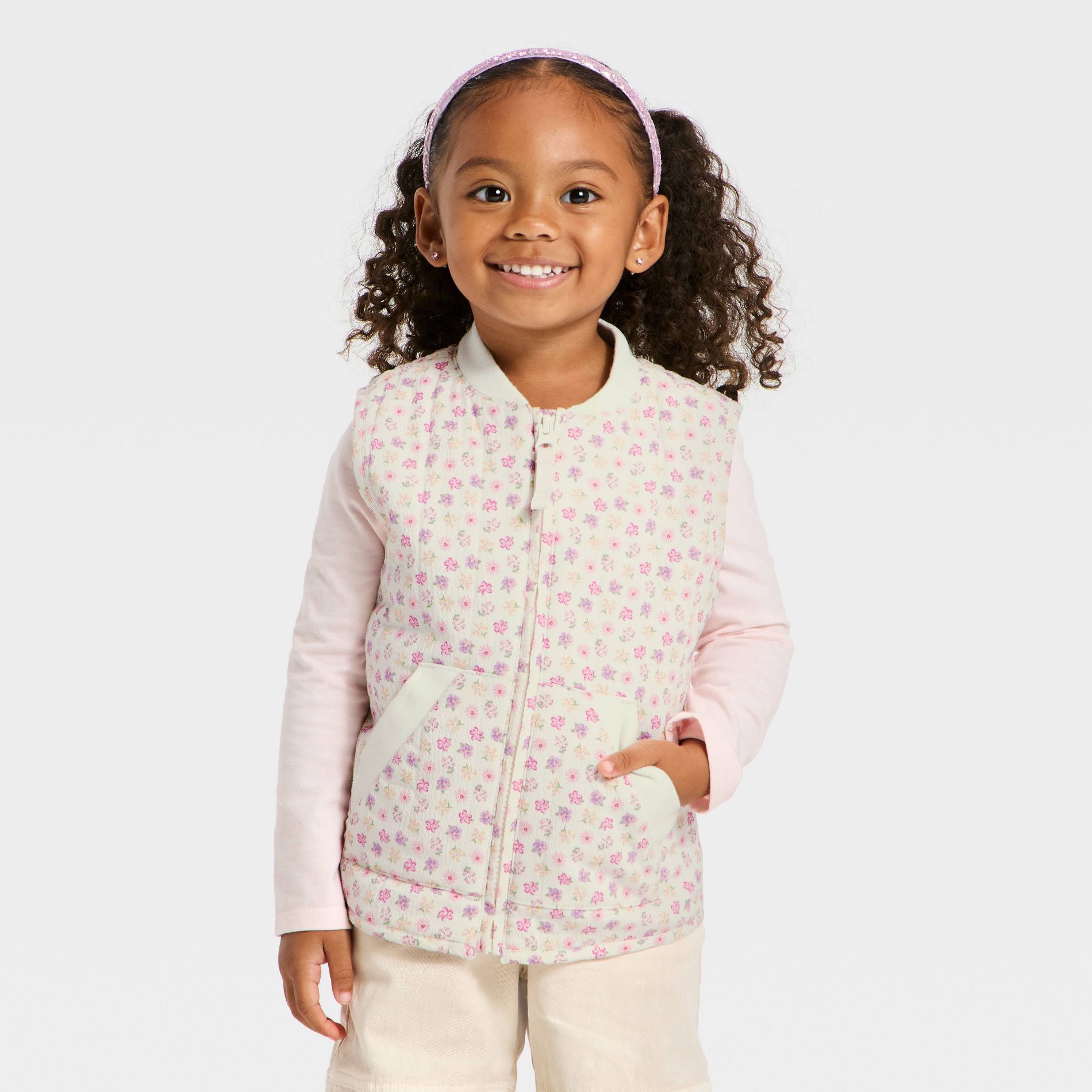 Toddler Girls' Floral Quilted Puffer Vest - Cat & Jack™ Cream