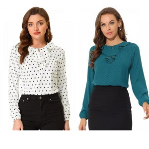Allegra K Women's 2 Packs 1950s Vintage Ruffle Neck Long Sleeve Dots Chiffon Blouse X-Large Peacock Blue-Dots - 1 of 4