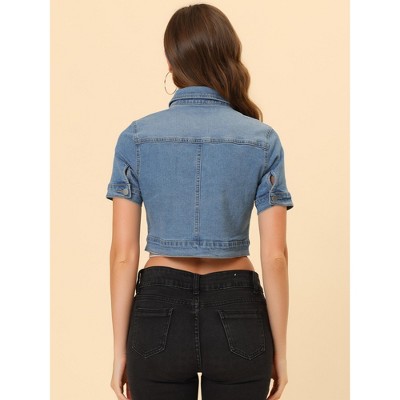 INSPIRE CHIC Women's Casual Short Sleeves Crop Denim Jacket 2 Packs Light Blue/Blue Large — фото 3