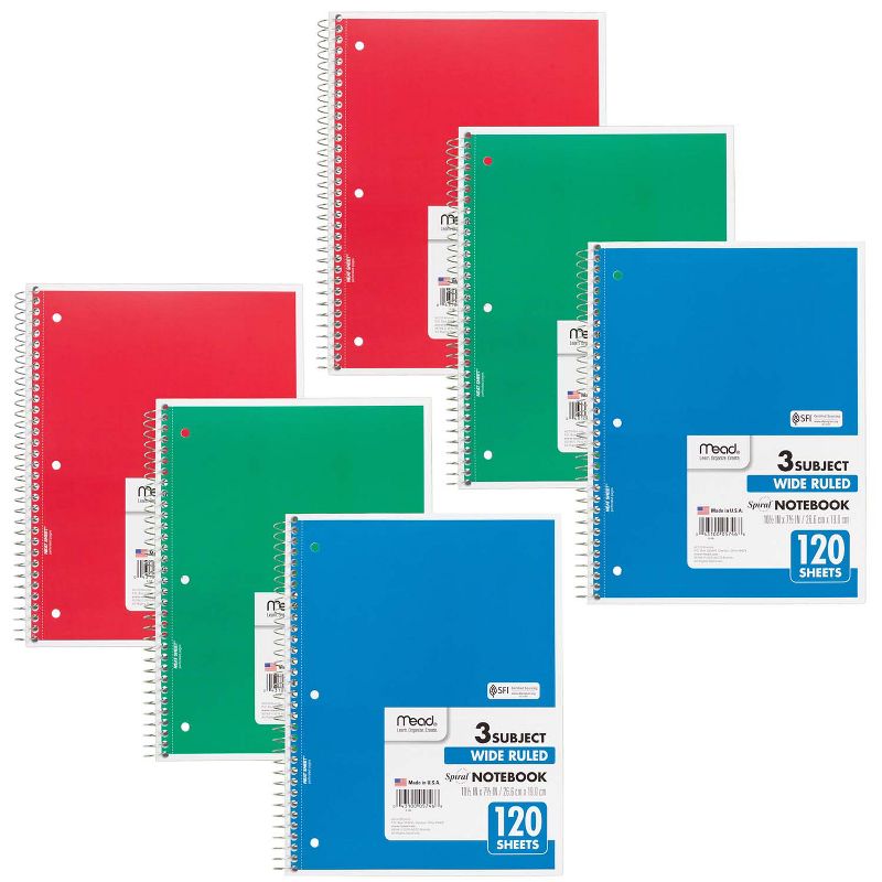 Mead® Spiral 3 Subject Notebook, Wide Ruled, 180 Sheets Per Book, Pack of 6, 1 of 3