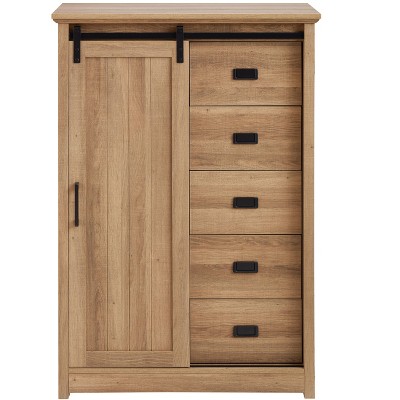 VANIRROR 5-Drawer Dresser with Sliding Barn Door – Farmhouse Modern Tall Storage Cabinet for Bedroom, Hallway, Living Room, Kids Room