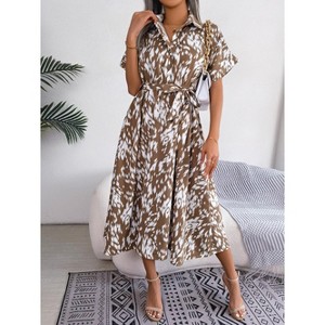 Women's Summer Polka Dot Print Shirt Dress Vintage Short Sleeve Button Down Midi Dress - 1 of 4