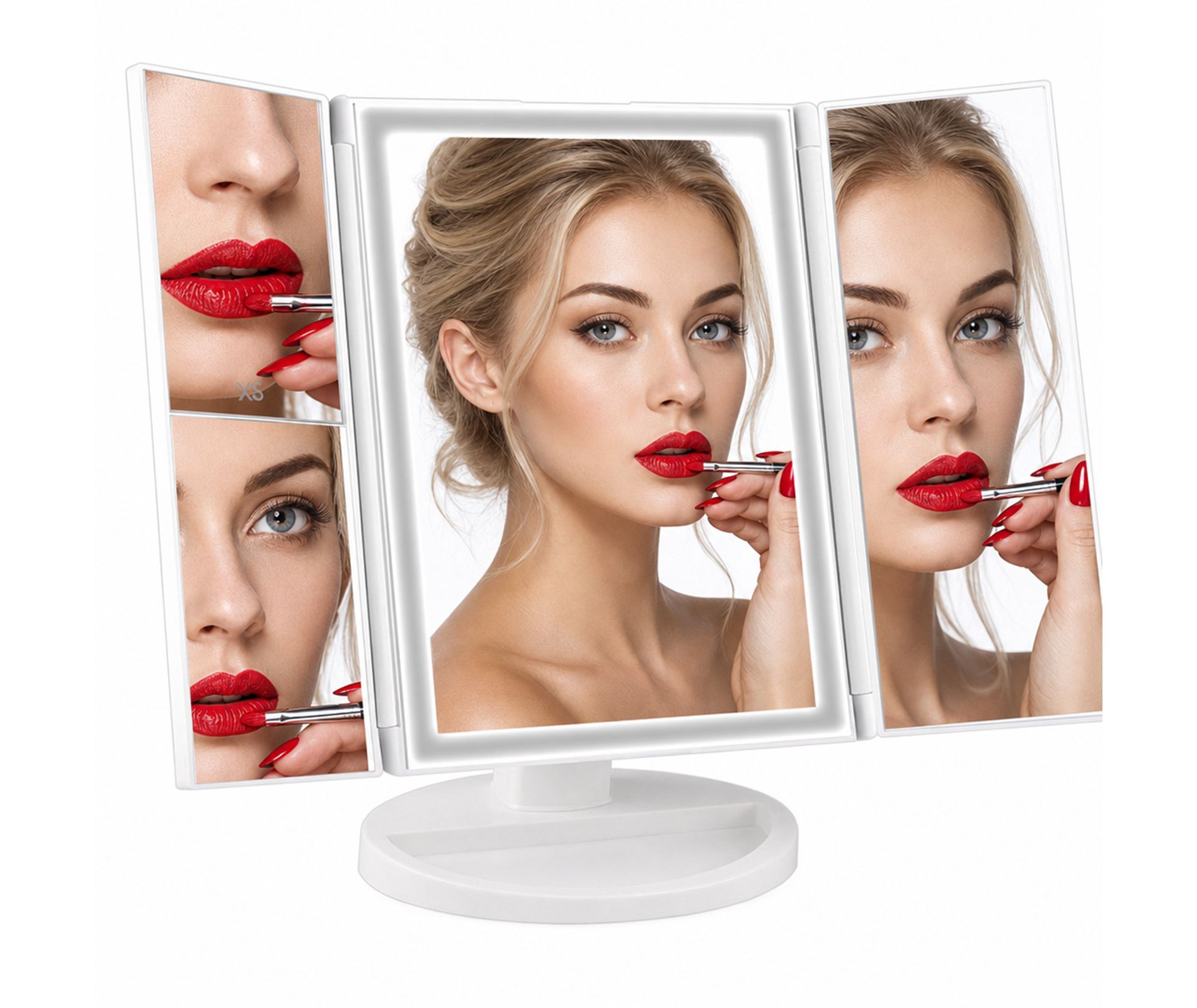 Trifold Lighted Makeup Vanity Mirror, 21 LEDs, 1X/2X/3X Magnification, Touch Dimmer, White