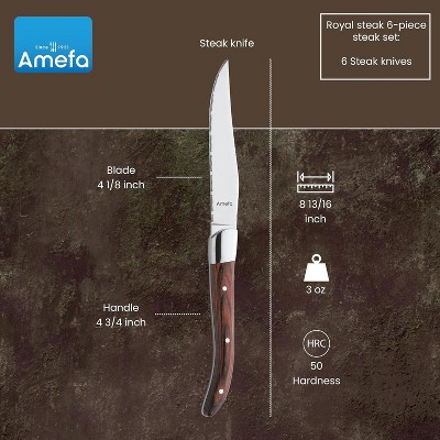 Amefa Royal Steak Knives, Set of 6, Hardened Stainless Steel, Triple Rivet Pakka Wood Ergonomic Handle Design, Serrated Edge 4 Inch Blade Steak Knife