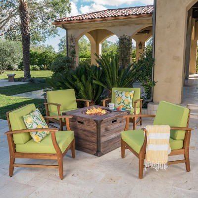 Belle Green Acacia Wood 4-Seat Fire Pit Chat Set